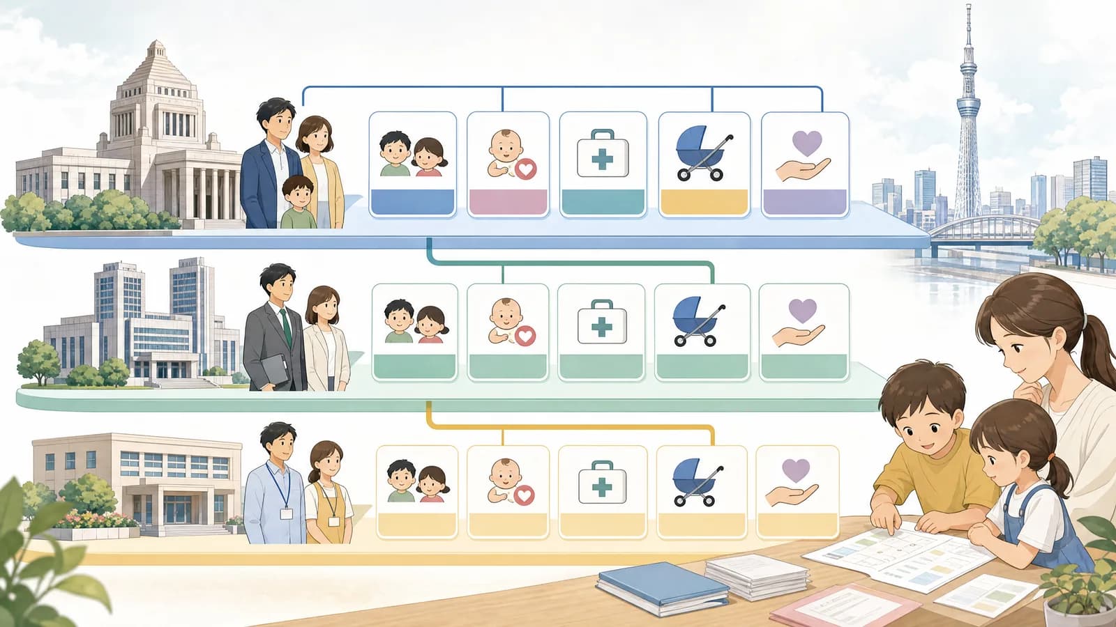 国、東京都、区市町村の子育て支援を階層で整理した図解