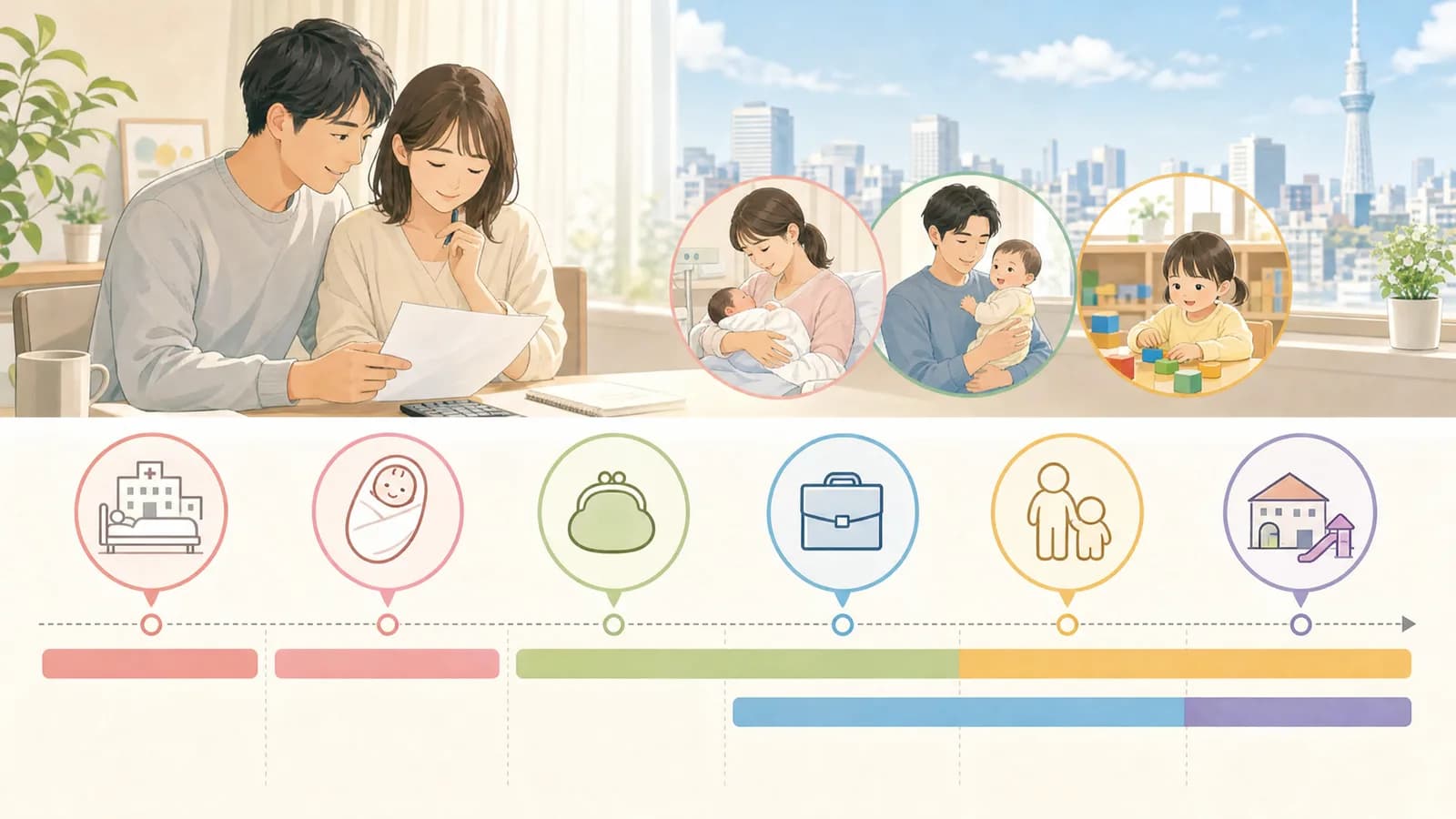 妊娠中から保育料開始までの支払いと給付を並べた家計タイムライン