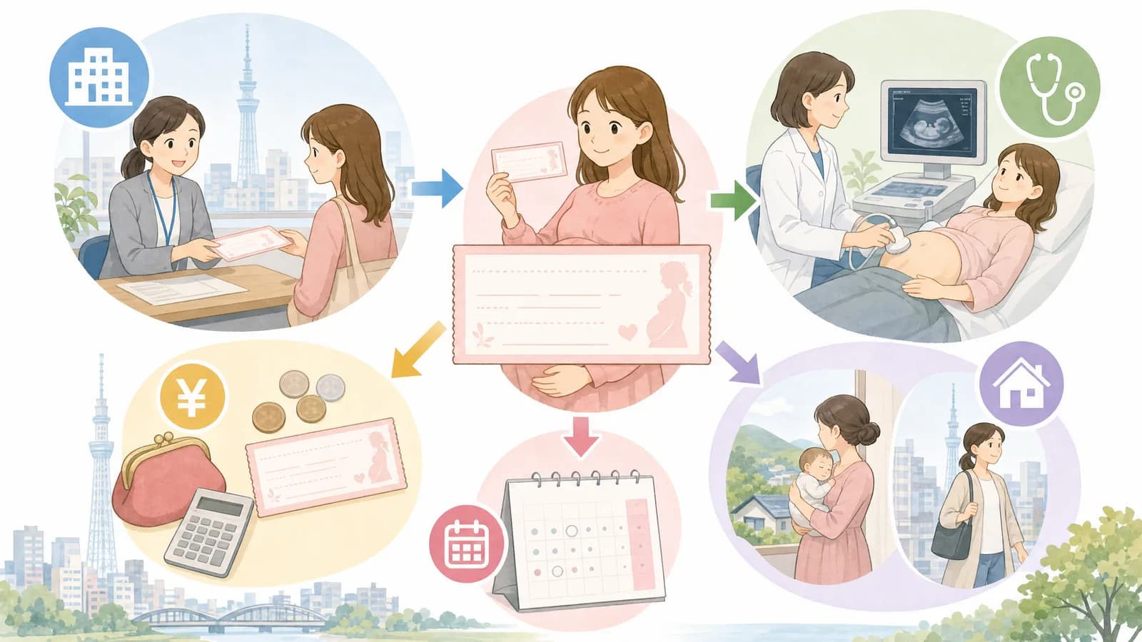 妊婦健診補助券の受け取り、利用、里帰り確認を並べた図解