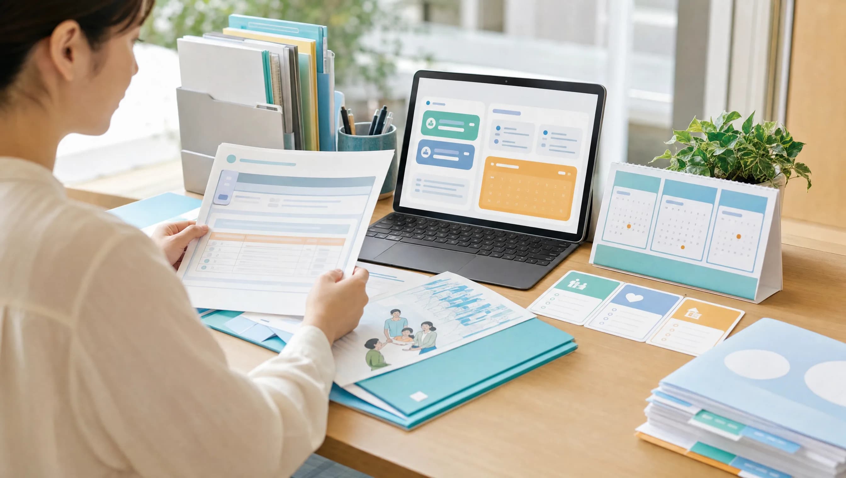 Parent reviewing source-cited family benefits paperwork on a laptop and calendar