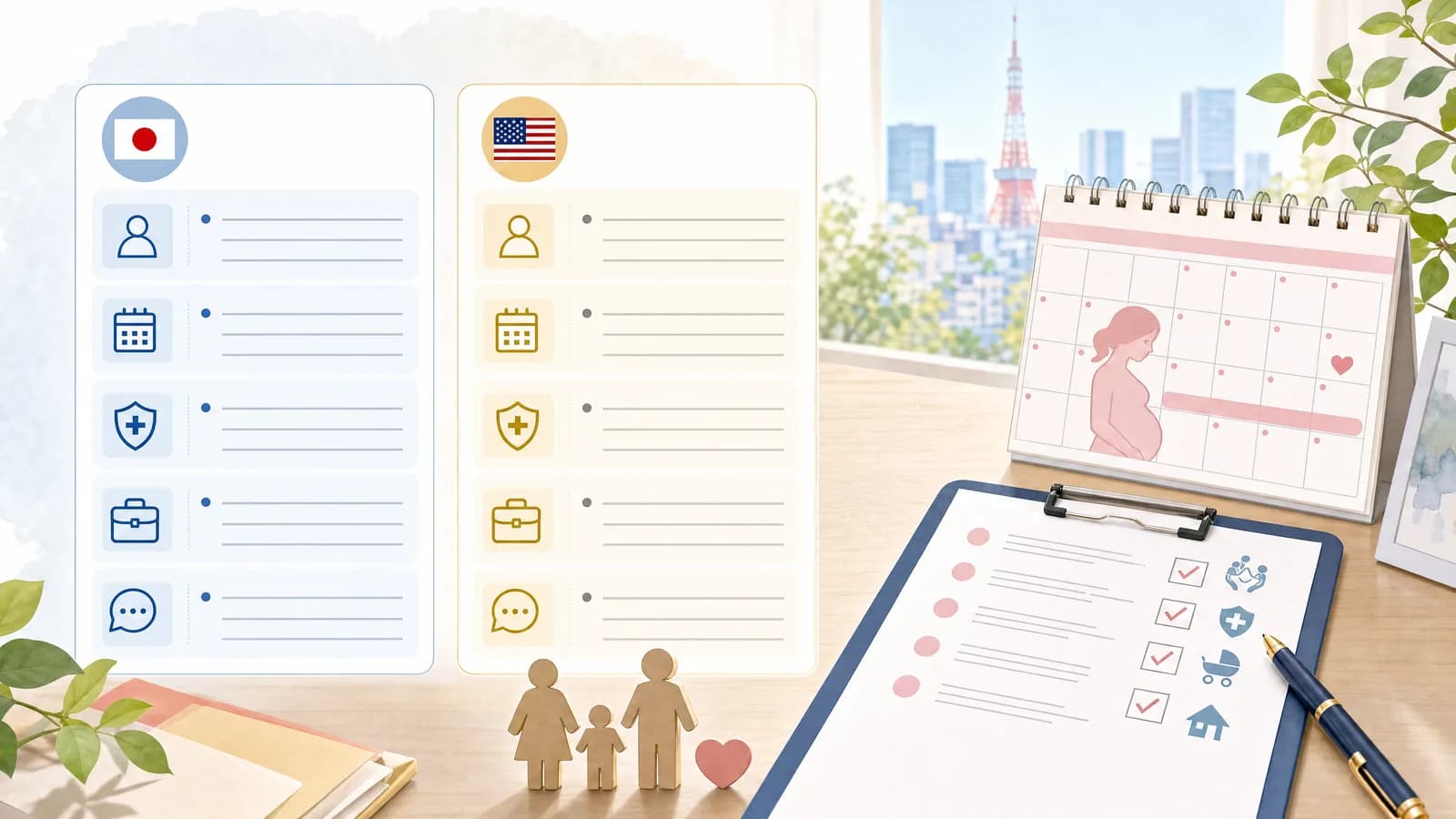 日本語と英語で人事・労務担当への質問を並べるノートとカレンダーのイラスト