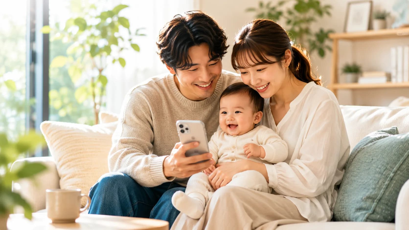 家族がスマートフォンで出産と育児の支援を確認している様子
