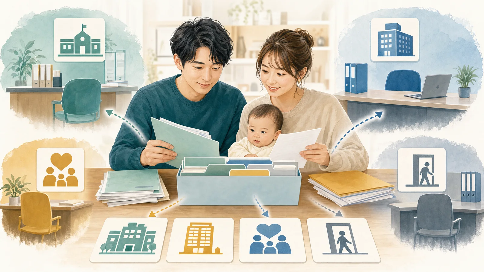 Bilingual parents mapping Japan baby paperwork across ward office, employer, insurer, and Hello Work