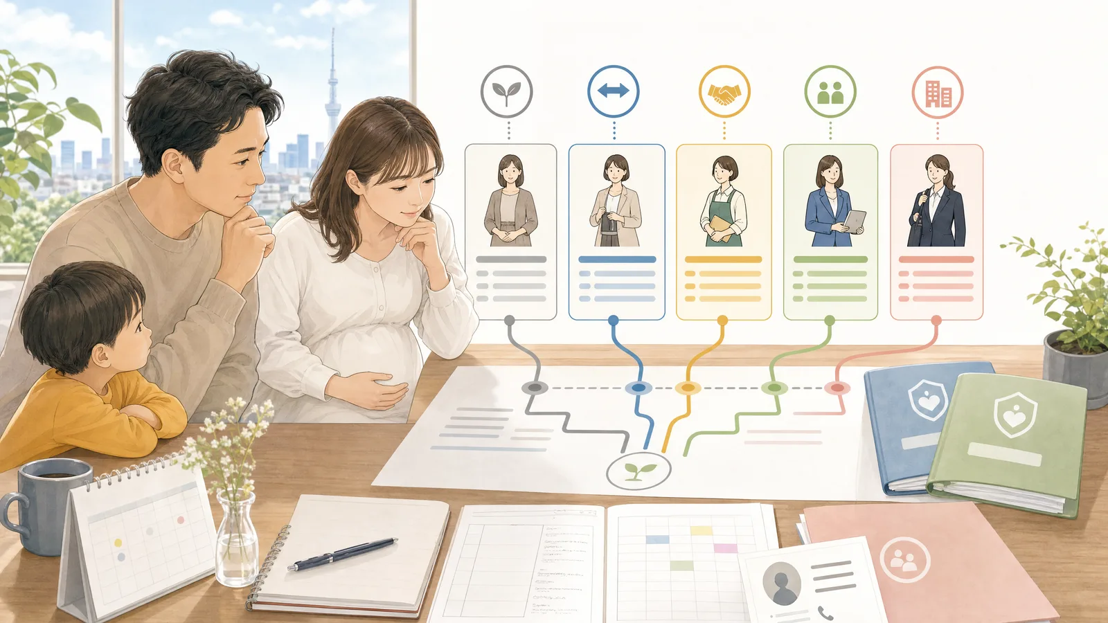 退職、転職、契約社員の働き方別に出産手当金と育休給付を確認するイラスト