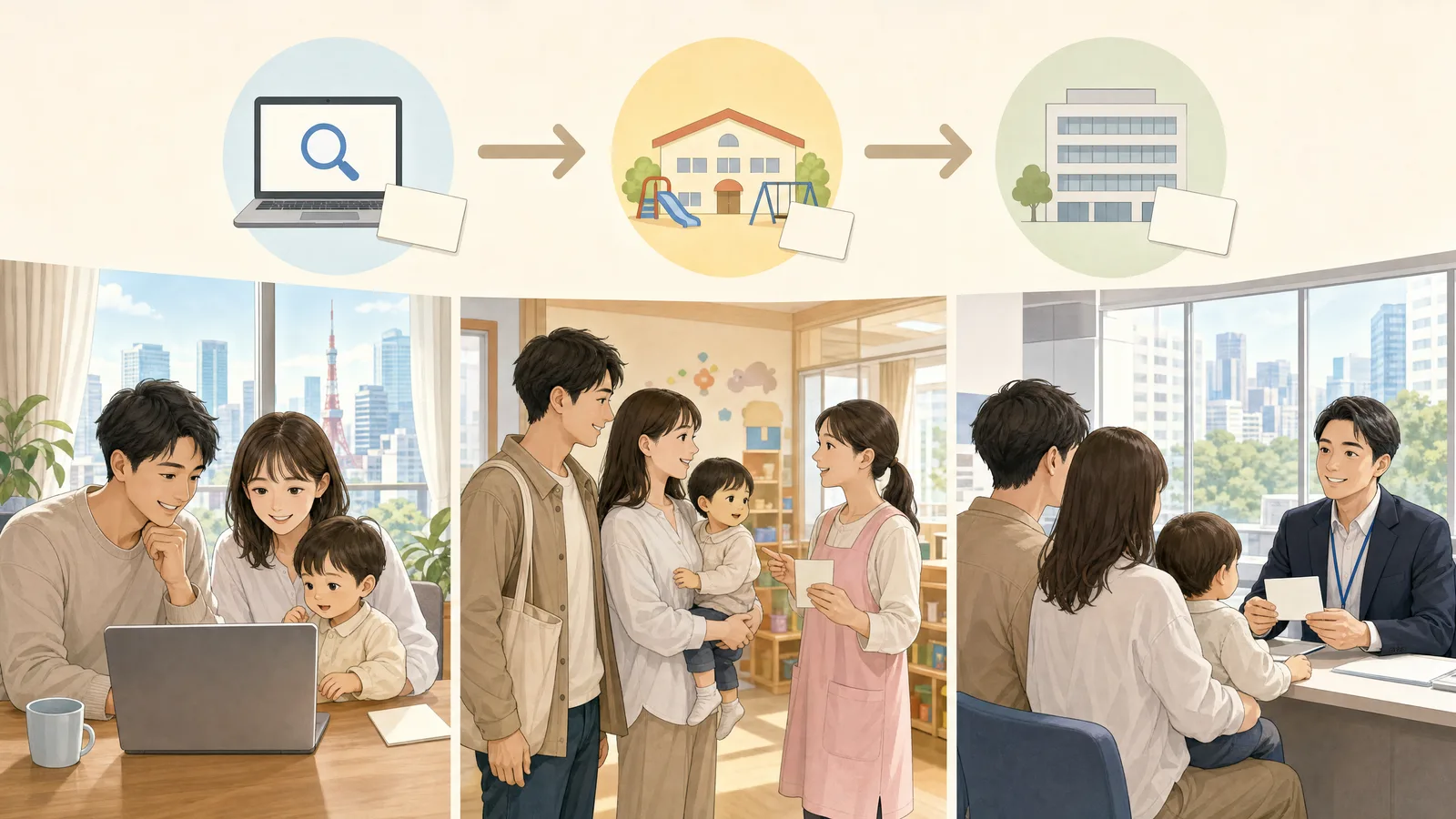 ここdeサーチ、施設見学、自治体確認の3ステップ図