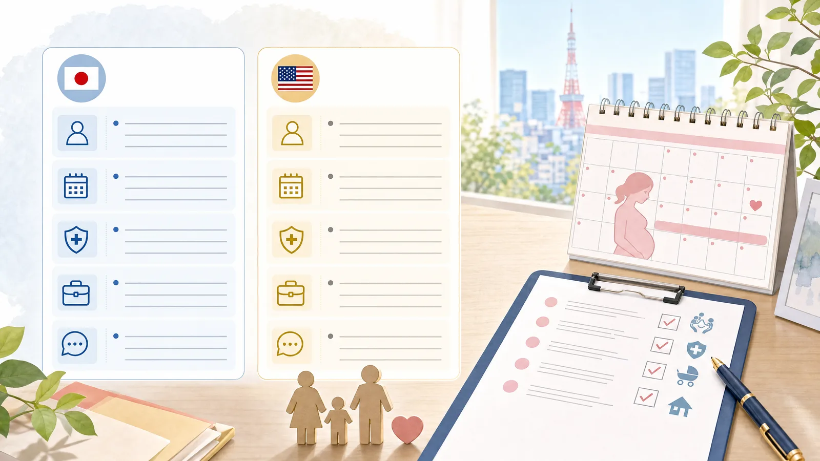 日本語と英語で人事・労務担当への質問を並べるノートとカレンダーのイラスト