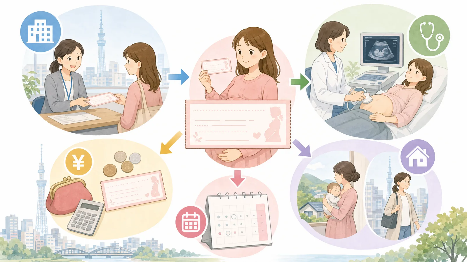 妊婦健診補助券の受け取り、利用、里帰り確認を並べた図解