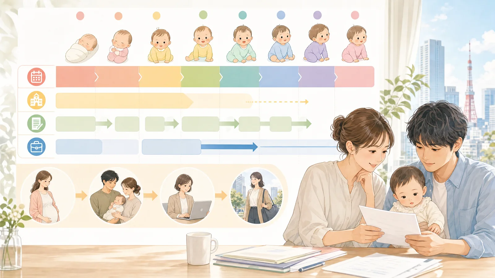 出産月、0歳児クラス、4月入園申込みを並べたタイムライン